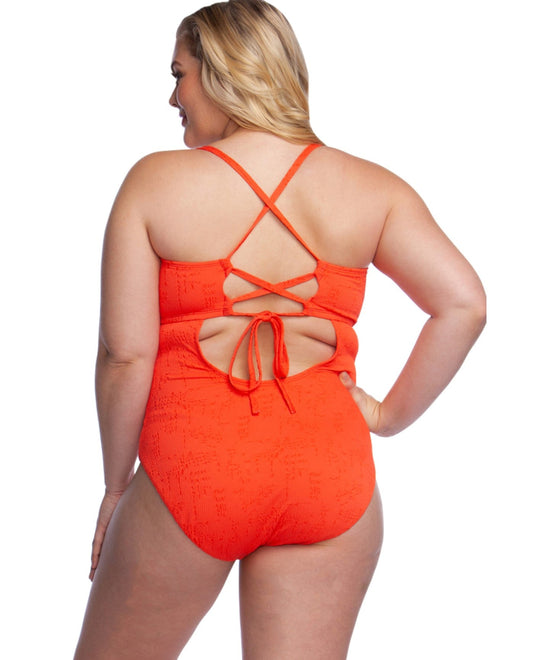 Back View of Lucky Brand Doheny Beach Plus Size Scoop Neck Lace Up One Piece Swimsuit |  LKY DOHENY