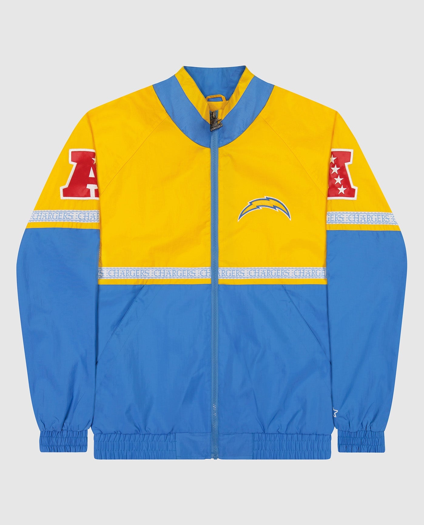 Front View of Starter Gold And Light Blue Los Angeles Chargers Full-Zip Academy Ii Starter Jacket | STR LOS ANGELES CHARGERS GOLD AND LIGHT BLUE