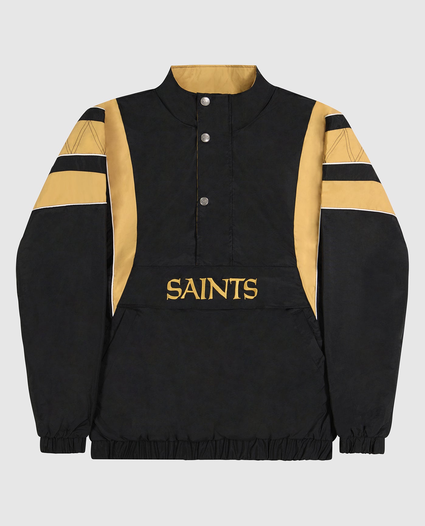 Front View of Starter Black New Orleans Saints Pullover Half-Zip Impact Starter Jacket | STR NEW ORLEANS SAINTS BLACK