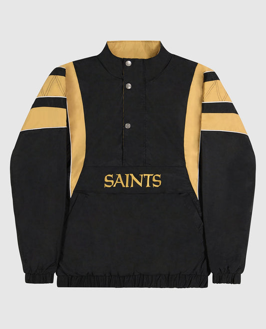 Front View of Starter Black New Orleans Saints Pullover Half-Zip Starter Jacket | STR NEW ORLEANS SAINTS BLACK