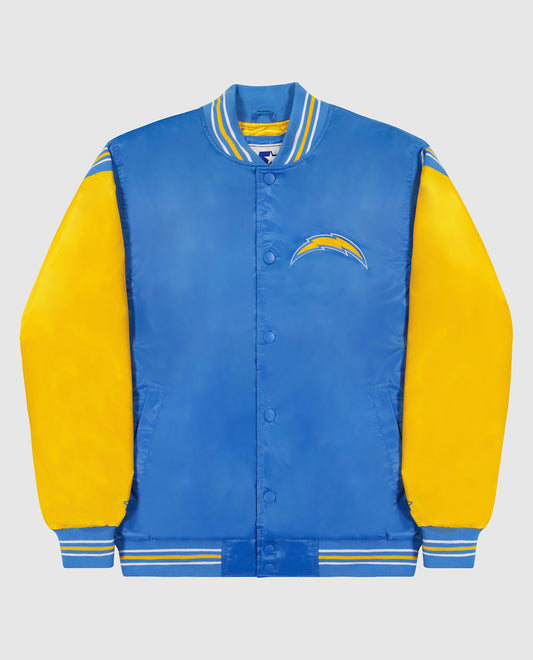 Front View of Starter Light Blue Los Angeles Chargers Varsity Satin Full-Snap Starter Jacket | STR LOS ANGELES CHARGERS LIGHT BLUE