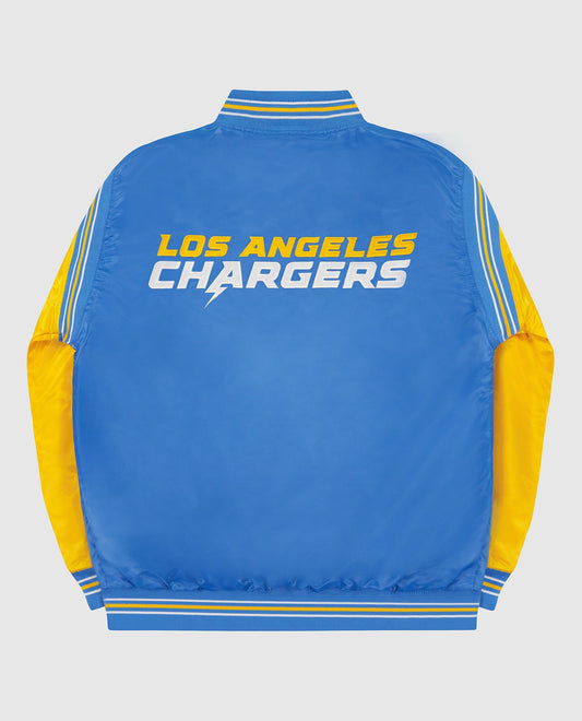 Back View of Starter Light Blue Los Angeles Chargers Varsity Satin Full-Snap Starter Jacket | STR LOS ANGELES CHARGERS LIGHT BLUE