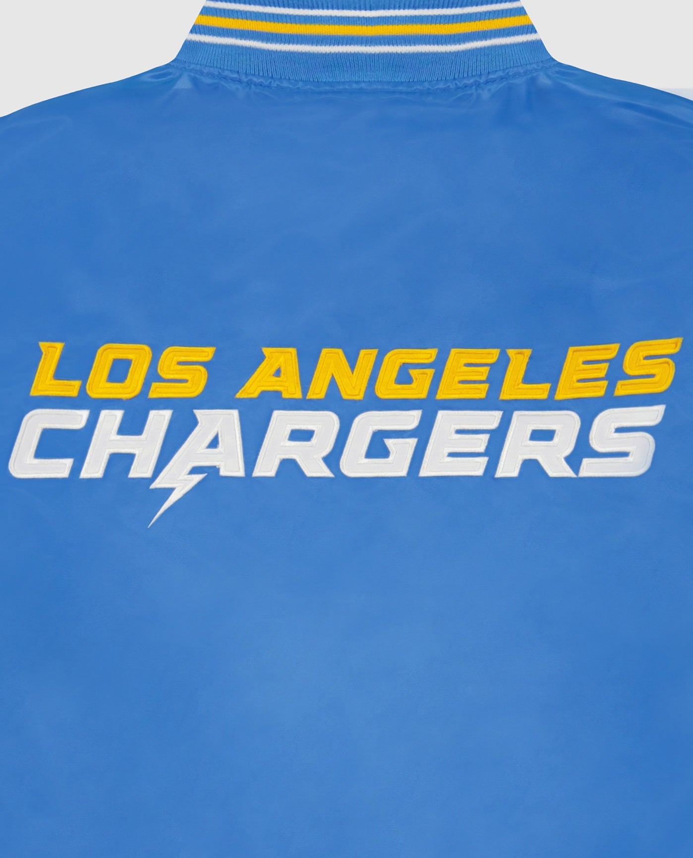 Detail View of Starter Light Blue Los Angeles Chargers Varsity Satin Full-Snap Starter Jacket | STR LOS ANGELES CHARGERS LIGHT BLUE