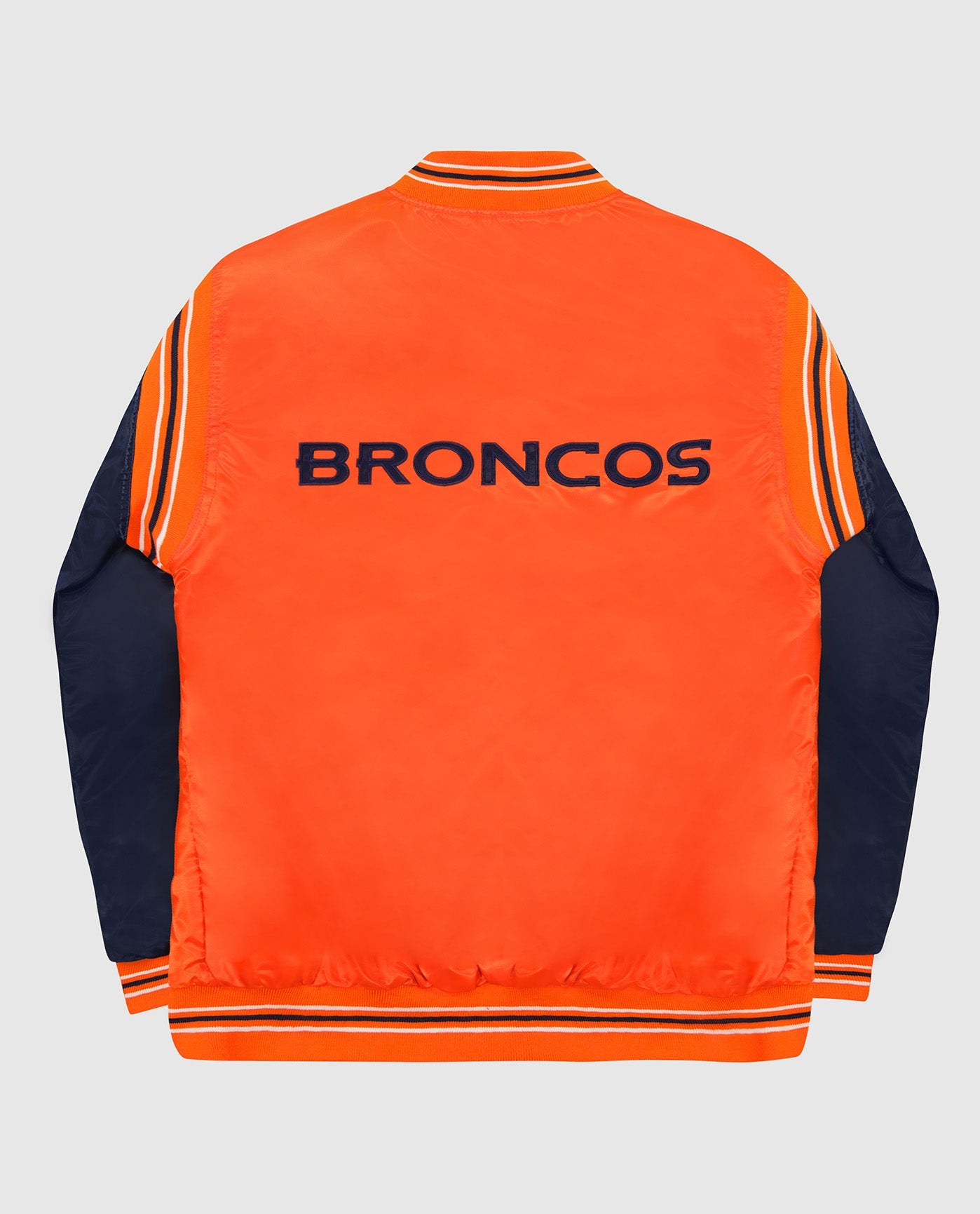 Back View of Starter Orange Denver Broncos Varsity Satin Full-Snap Starter Jacket | STR DENVER BRONCOS ORANGE