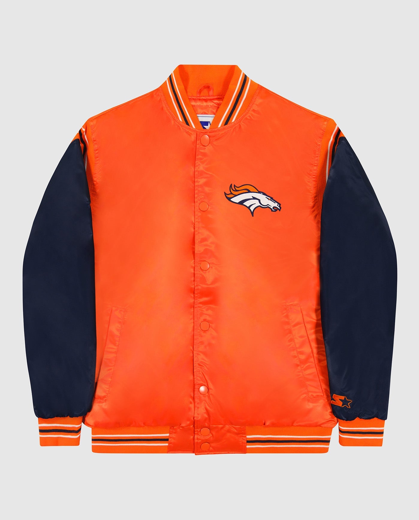 Front View of Starter Orange Denver Broncos Varsity Satin Full-Snap Starter Jacket | STR DENVER BRONCOS ORANGE