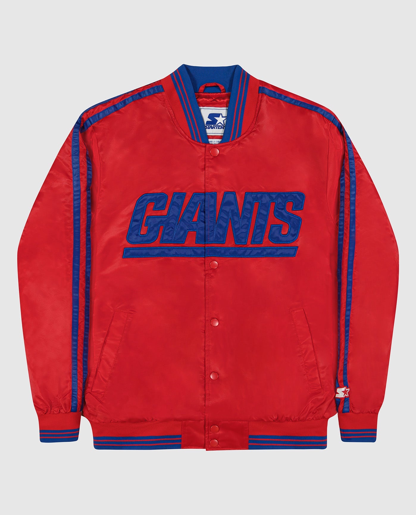 Front View of Starter Red New York Giants Varsity Satin Full-Snap Starter Jacket | STR NEW YORK GIANTS RED