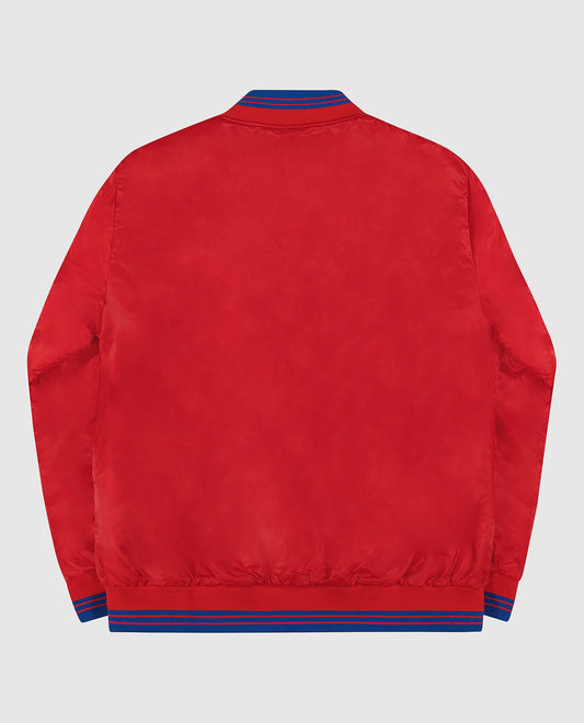 Back View of Starter Red New York Giants Varsity Satin Full-Snap Starter Jacket | STR NEW YORK GIANTS RED