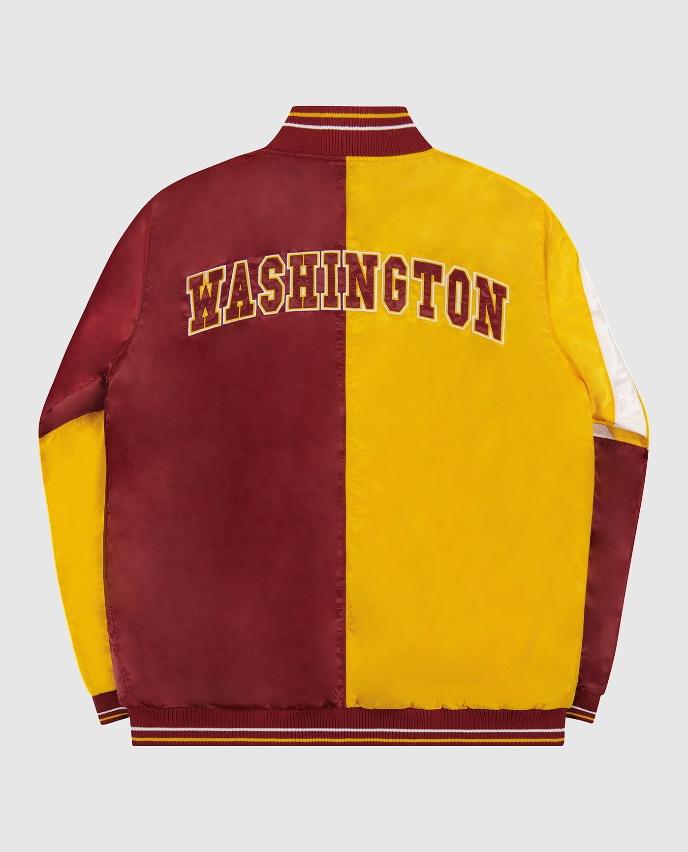 Back View of Starter Gold And Burgundy Washington Commanders Varsity Satin Full-Snap Starter Jacket | STR WASHINGTON COMMANDERS GOLD AND BURGUNDY