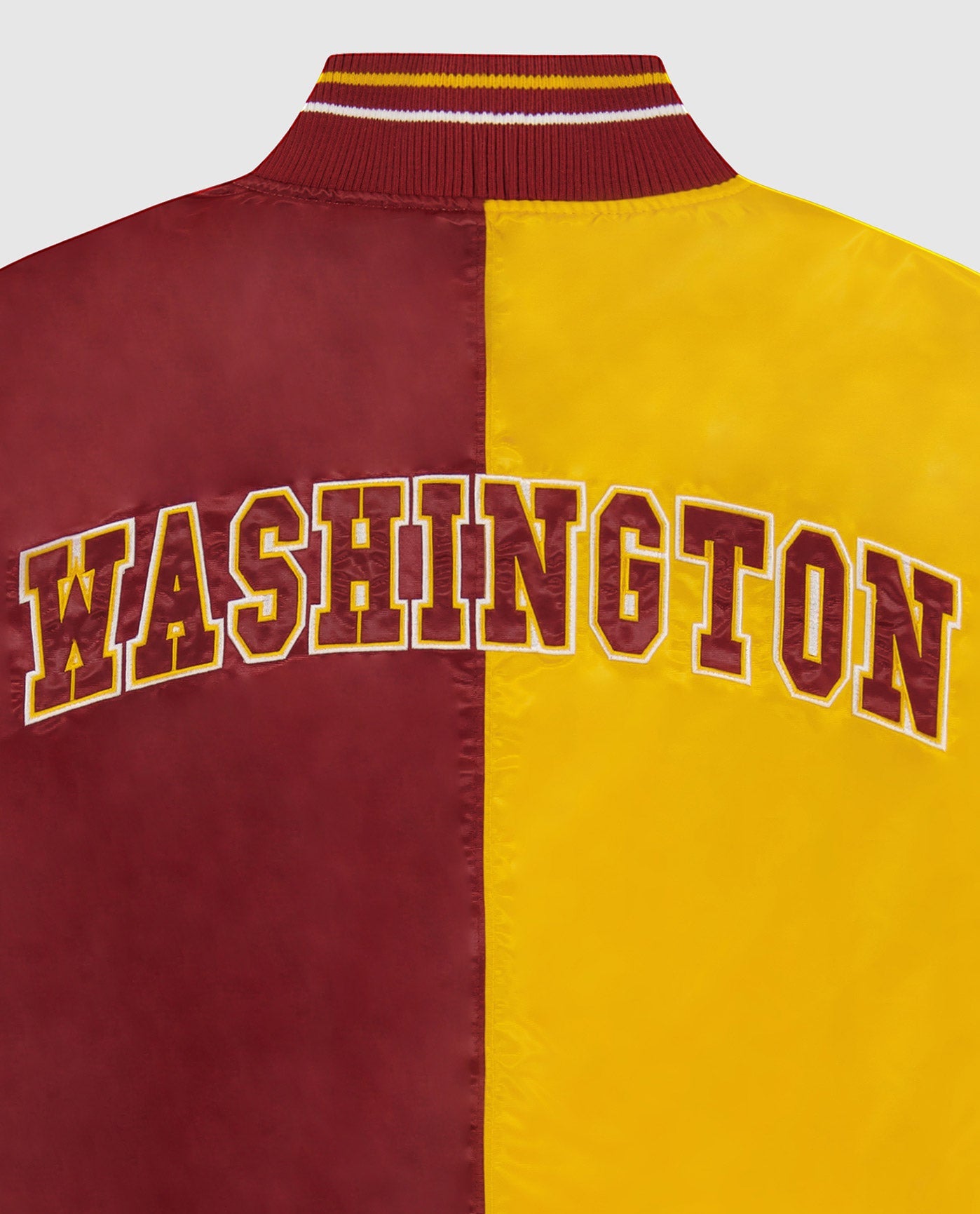 Detail View of Starter Gold And Burgundy Washington Commanders Varsity Satin Full-Snap Starter Jacket | STR WASHINGTON COMMANDERS GOLD AND BURGUNDY