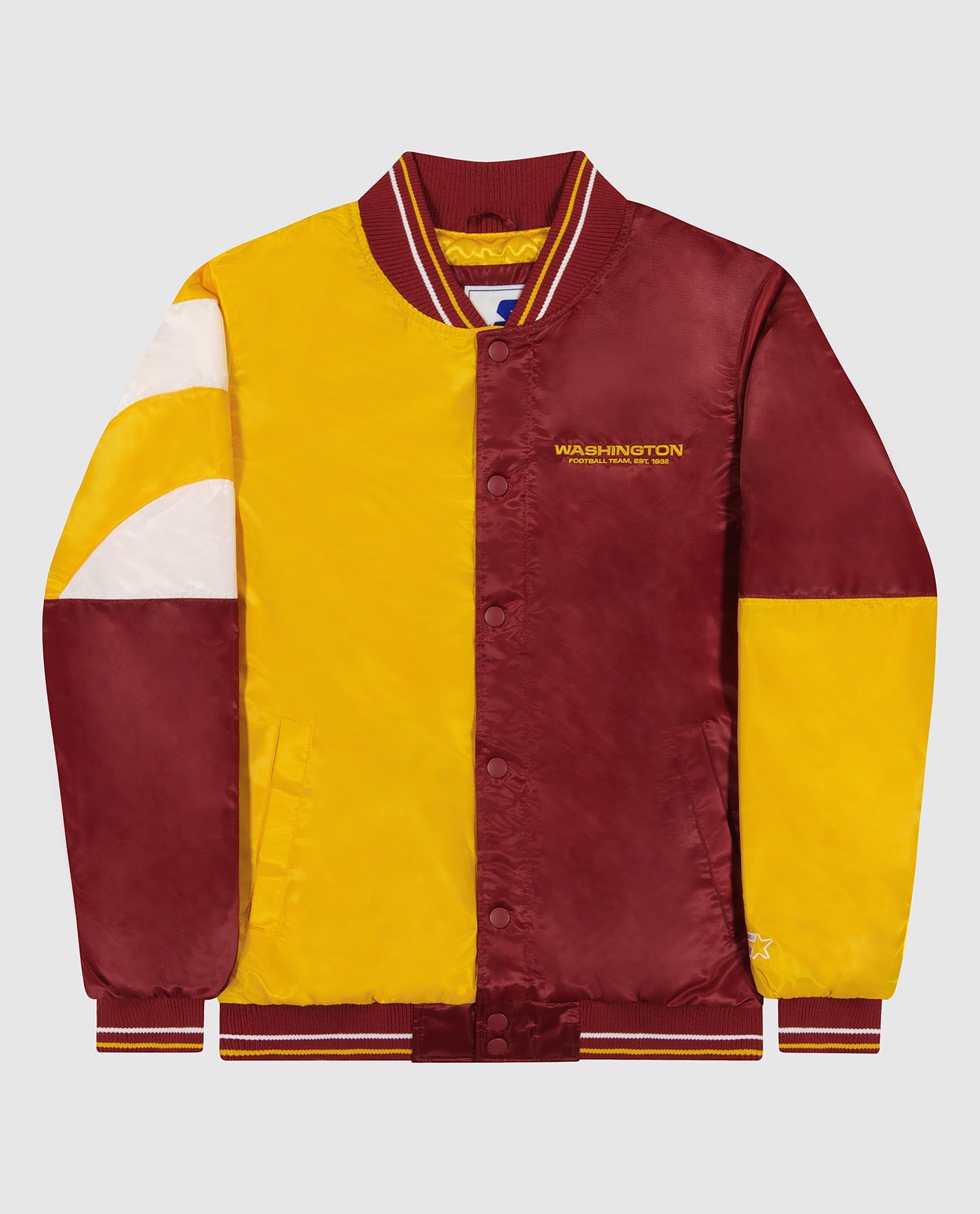 Front View of Starter Gold And Burgundy Washington Commanders Varsity Satin Full-Snap Starter Jacket | STR WASHINGTON COMMANDERS GOLD AND BURGUNDY