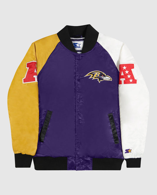 Front View of Starter Purple Baltimore Ravens Varsity Satin Full-Snap Starter Jacket | STR BALTIMORE RAVENS PURPLE