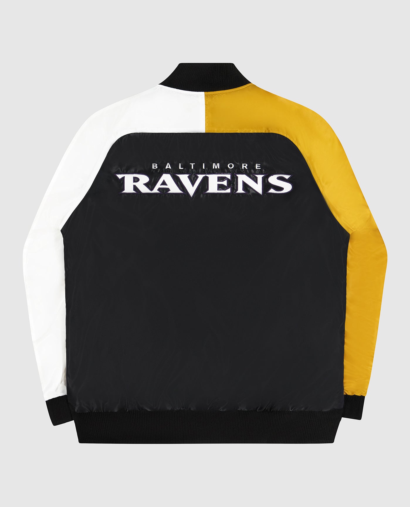 Back View of Starter Purple Baltimore Ravens Varsity Satin Full-Snap Starter Jacket | STR BALTIMORE RAVENS PURPLE