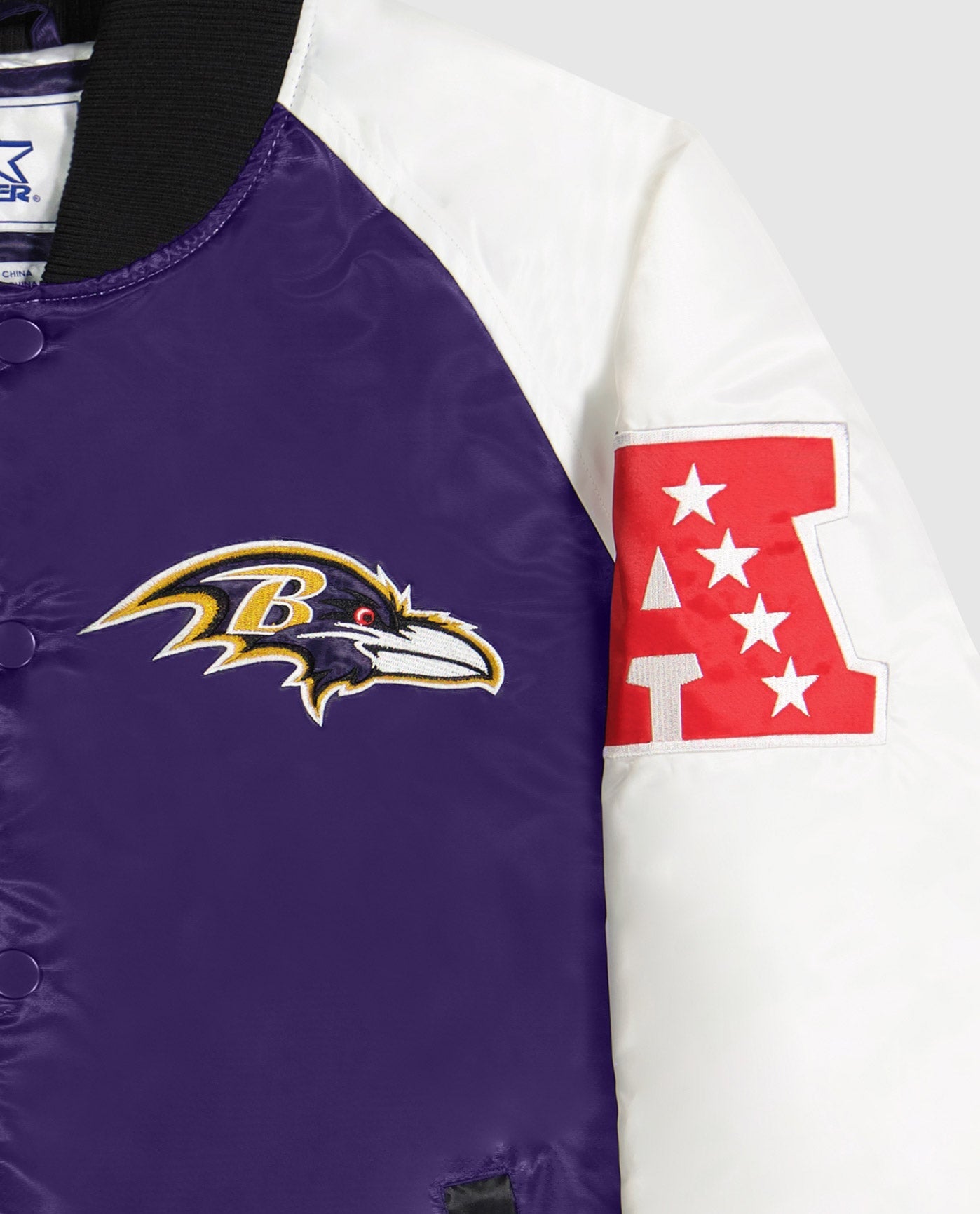 Side View of Starter Purple Baltimore Ravens Varsity Satin Full-Snap Starter Jacket | STR BALTIMORE RAVENS PURPLE