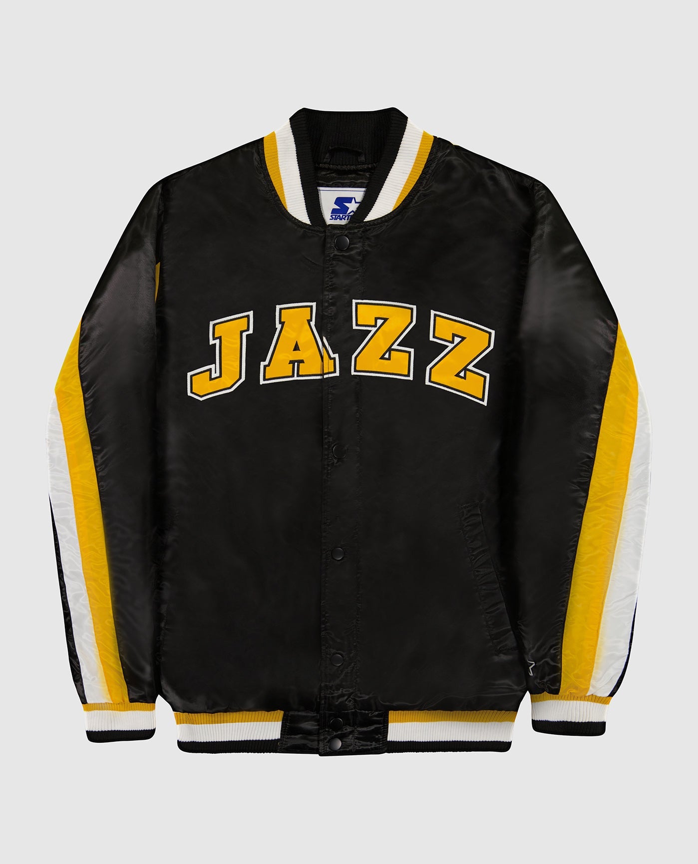 Front View of Starter Black Utah Jazz Varsity Satin Full-Snap Ace Starter Jacket | STR UTAH JAZZ BLACK