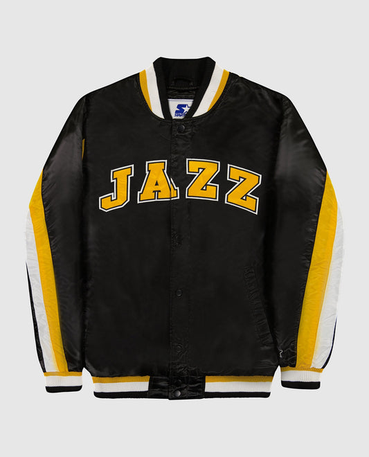 Front View of Starter Black Utah Jazz Varsity Satin Full-Snap Ace Starter Jacket | STR UTAH JAZZ BLACK