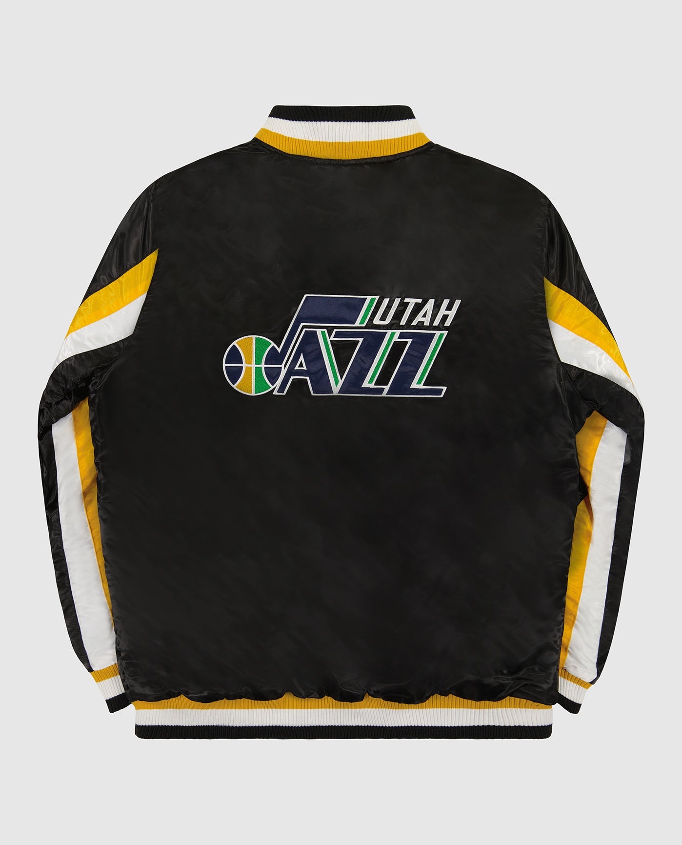 Back View of Starter Black Utah Jazz Varsity Satin Full-Snap Ace Starter Jacket | STR UTAH JAZZ BLACK