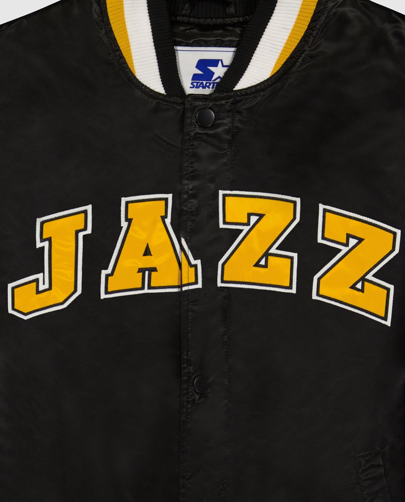 Side View of Starter Black Utah Jazz Varsity Satin Full-Snap Ace Starter Jacket | STR UTAH JAZZ BLACK