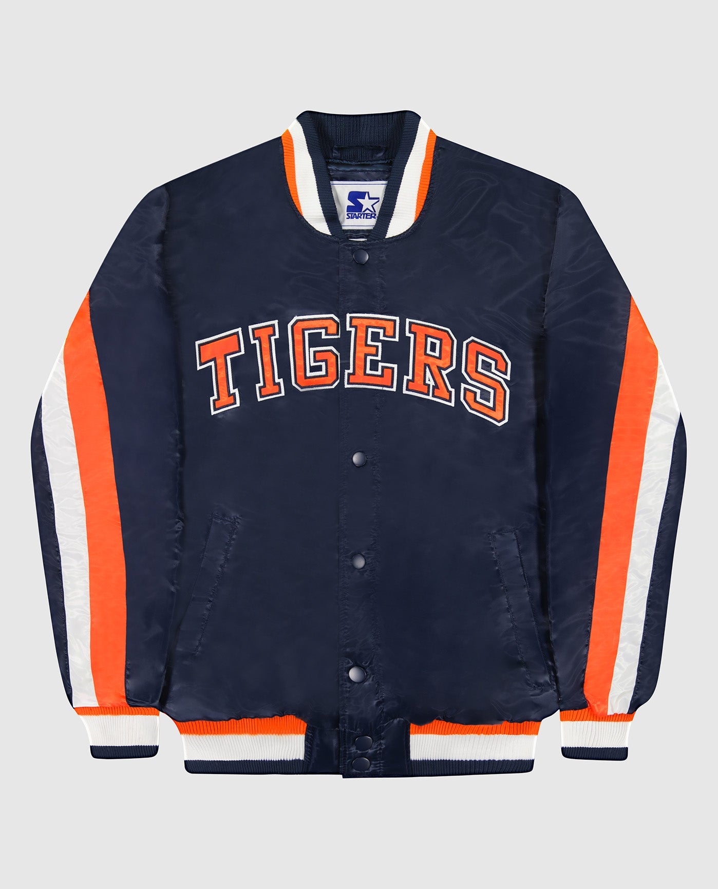 Front View of Starter Navy Detroit Tigers Full-Snap Ace Starter Jacket | STR DETROIT TIGERS NAVY