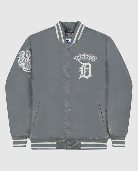 Front View of Starter Silver Detroit Tigers Varsity Satin Full-Snap Starter Jacket | STR DETROIT TIGERS SILVER