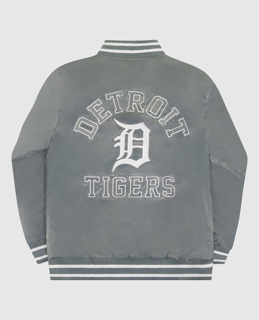 Back View of Starter Silver Detroit Tigers Varsity Satin Full-Snap Starter Jacket | STR DETROIT TIGERS SILVER