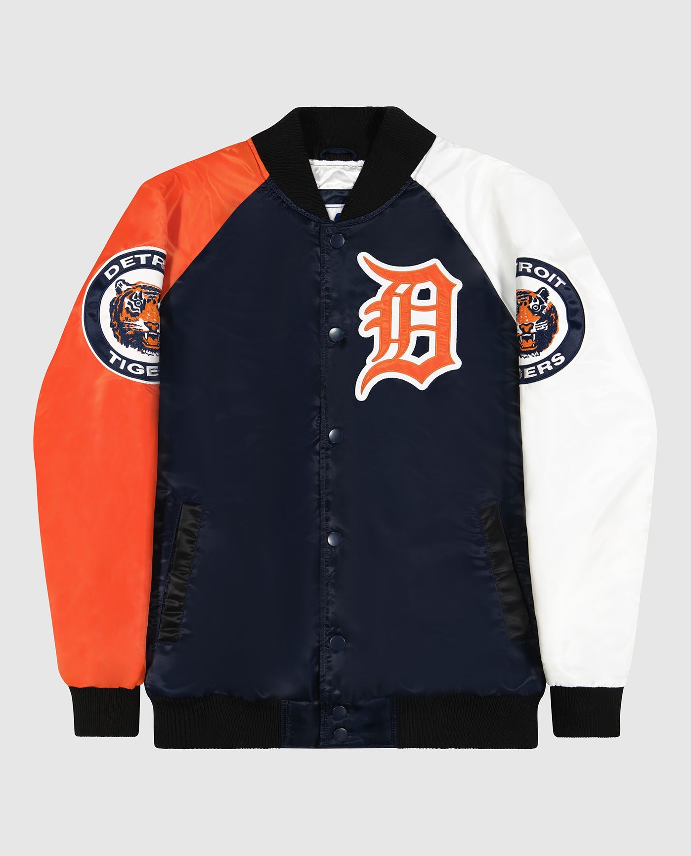 Front View of Starter Navy Detroit Tigers Varsity Satin Full-Snap Starter Jacket | STR DETROIT TIGERS NAVY