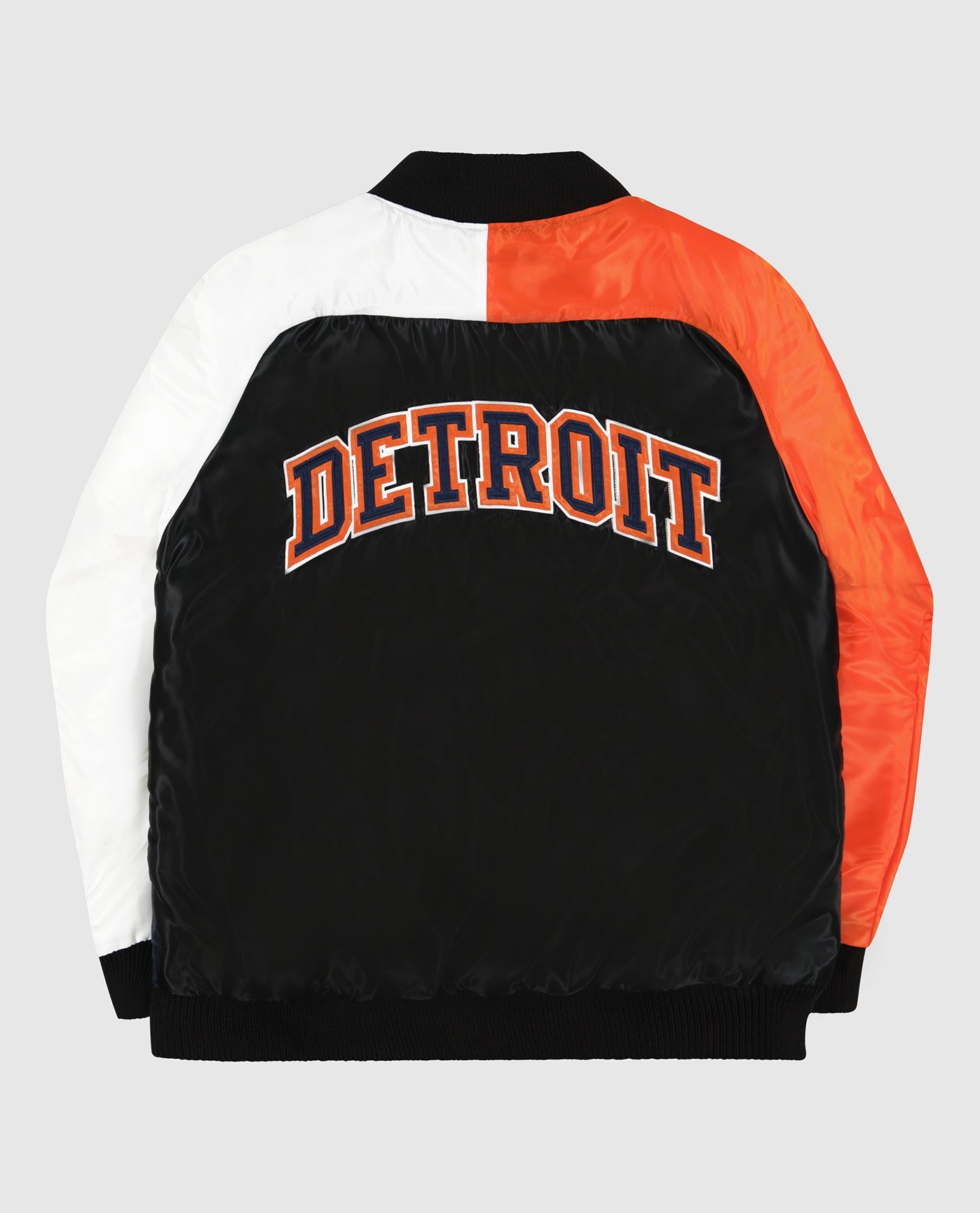 Back View of Starter Navy Detroit Tigers Varsity Satin Full-Snap Starter Jacket | STR DETROIT TIGERS NAVY