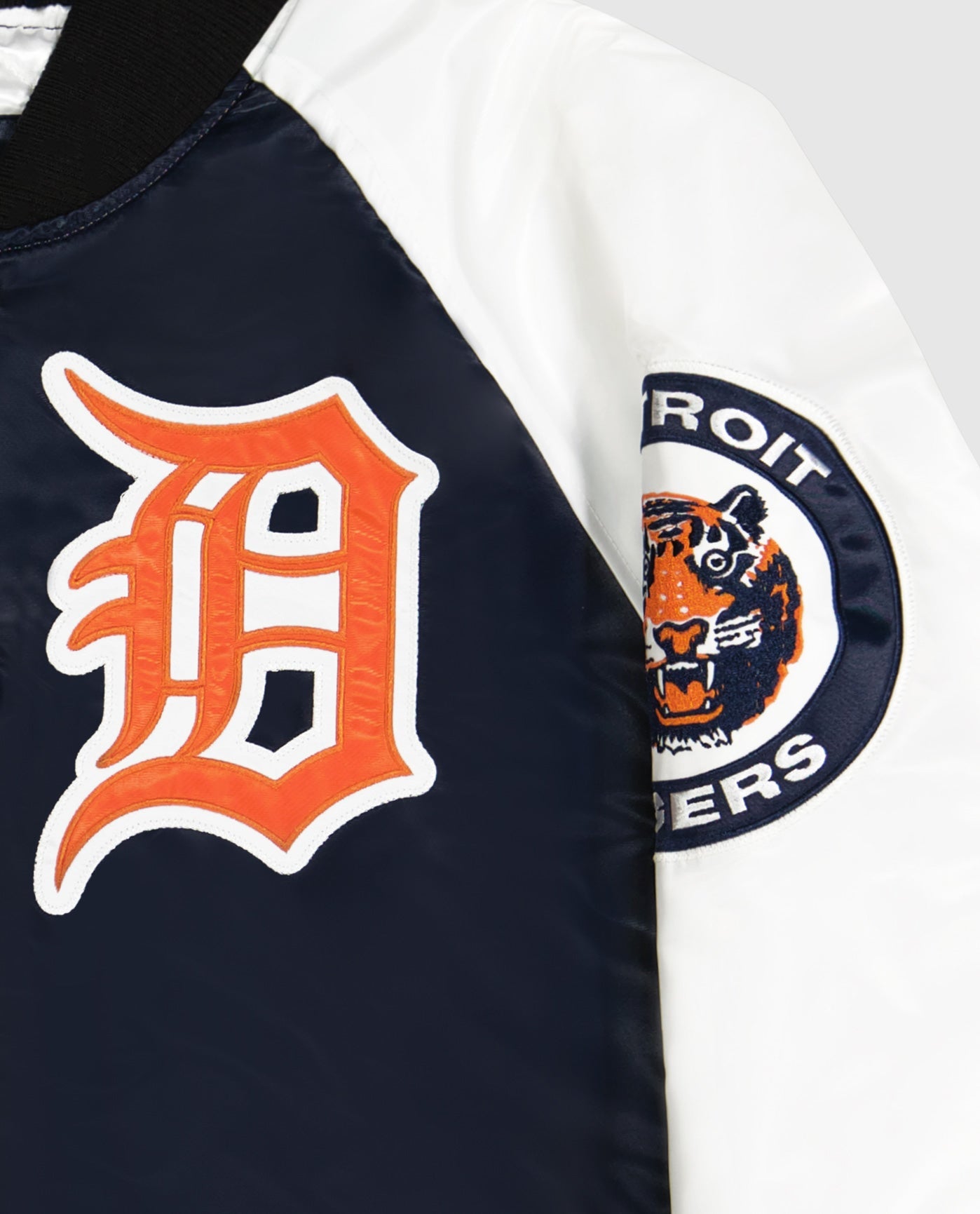 Side View of Starter Navy Detroit Tigers Varsity Satin Full-Snap Starter Jacket | STR DETROIT TIGERS NAVY