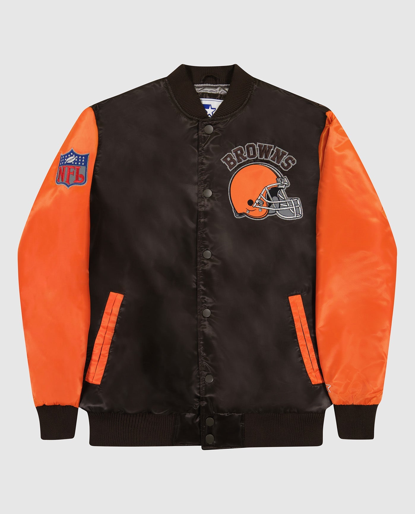 Front View of Starter Brown Cleveland Browns Varsity Satin Full-Snap Starter Jacket | STR CLEVELAND BROWNS BROWN