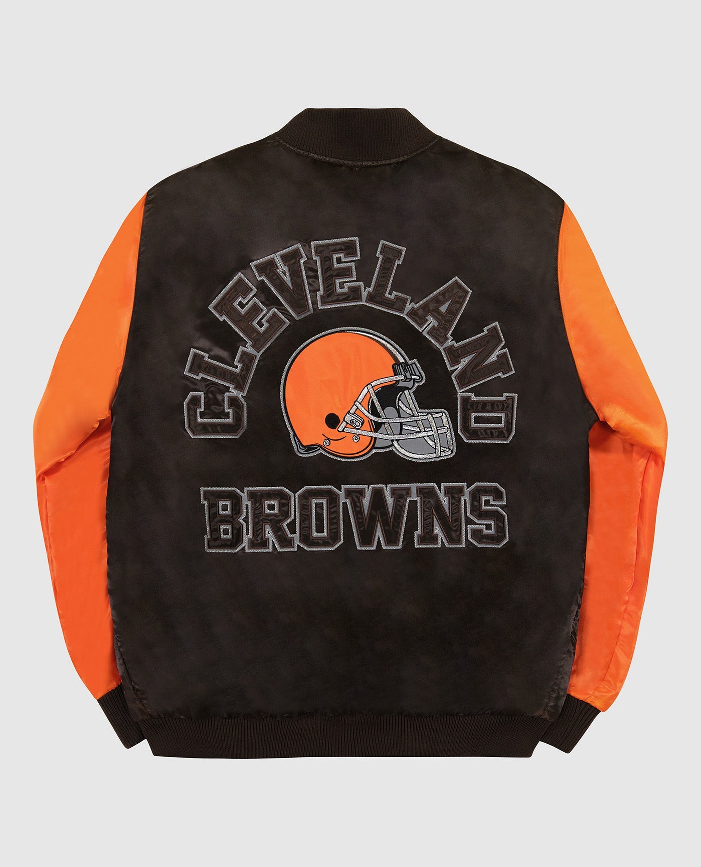 Back View of Starter Brown Cleveland Browns Varsity Satin Full-Snap Starter Jacket | STR CLEVELAND BROWNS BROWN