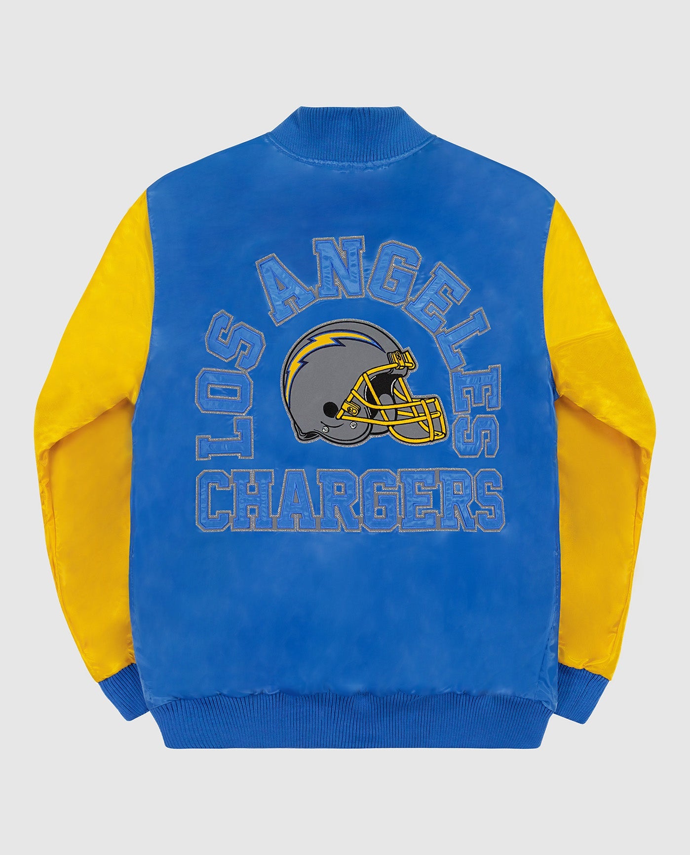 Back View of Starter Light Blue Los Angeles Chargers Varsity Satin Full-Snap Starter Jacket | STR LOS ANGELES CHARGERS LIGHT BLUE