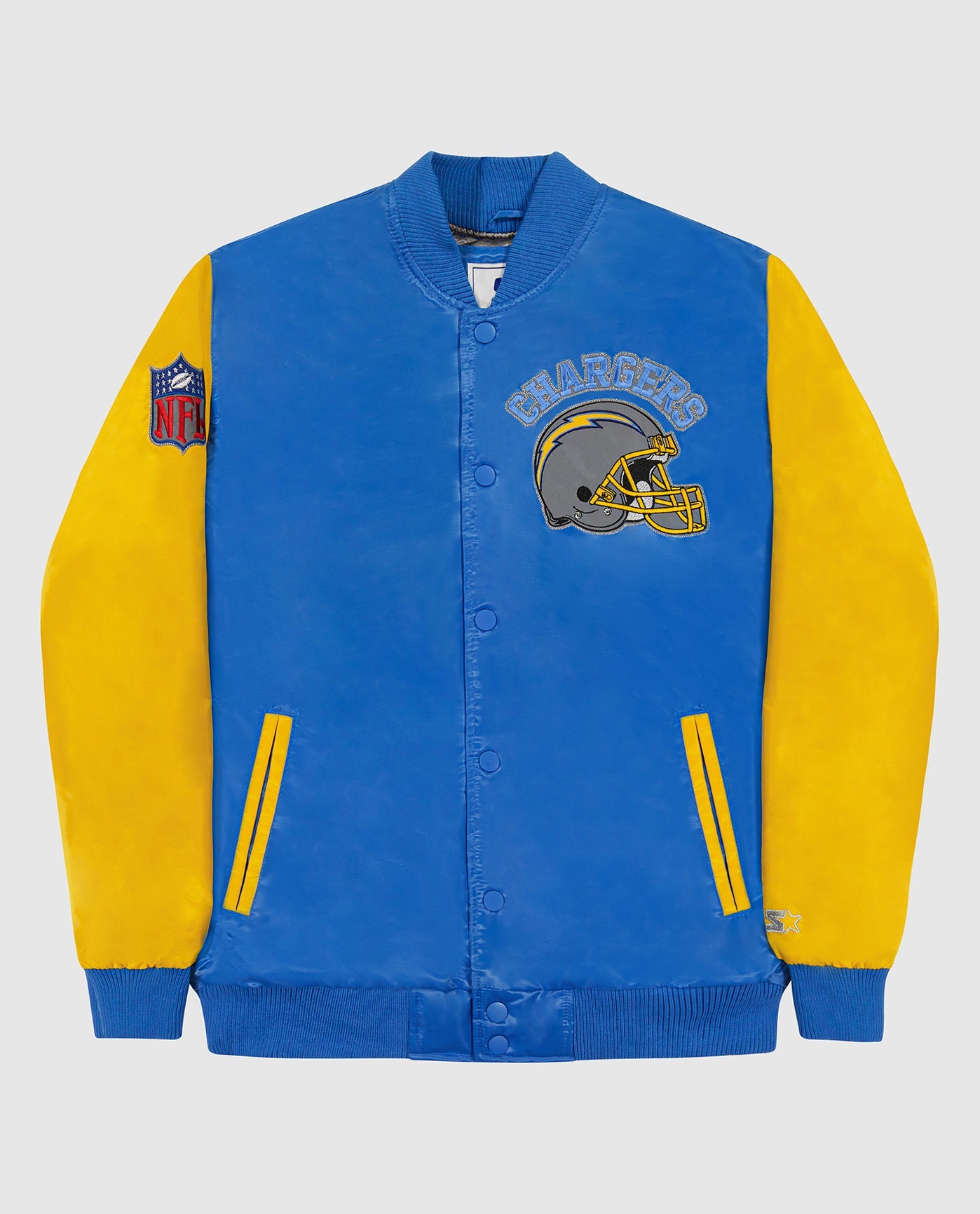 Front View of Starter Light Blue Los Angeles Chargers Varsity Satin Full-Snap Starter Jacket | STR LOS ANGELES CHARGERS LIGHT BLUE