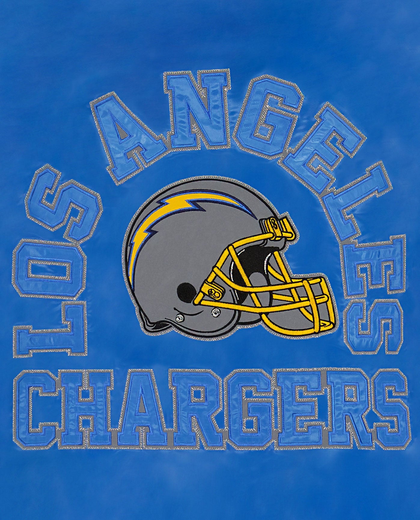 Detail View of Starter Light Blue Los Angeles Chargers Varsity Satin Full-Snap Starter Jacket | STR LOS ANGELES CHARGERS LIGHT BLUE