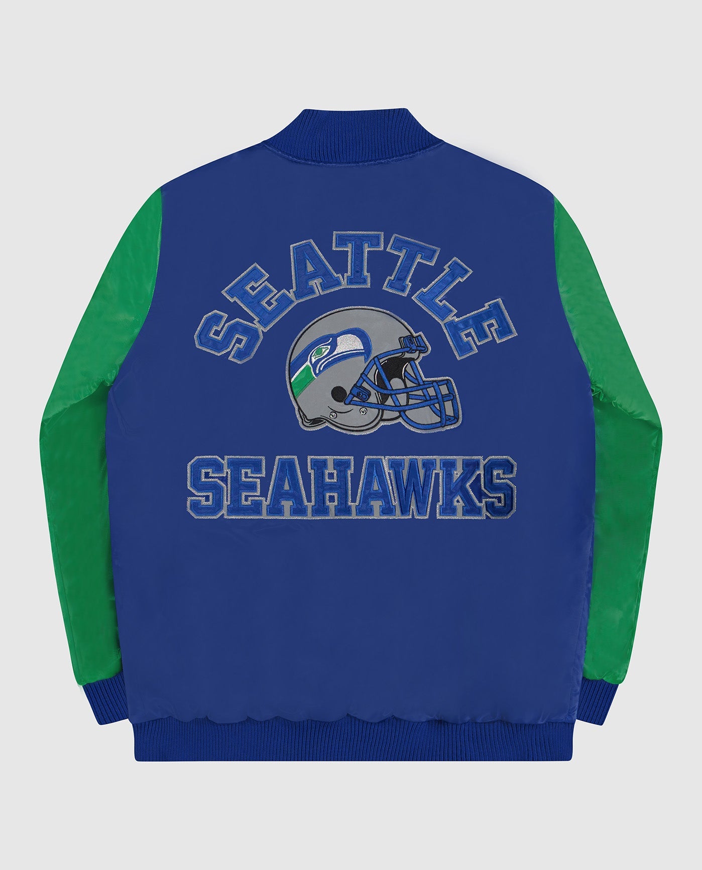 Back View of Starter Blue Seattle Seahawks Varsity Satin Full-Snap Starter Jacket | STR SEATTLE SEAHAWKS BLUE