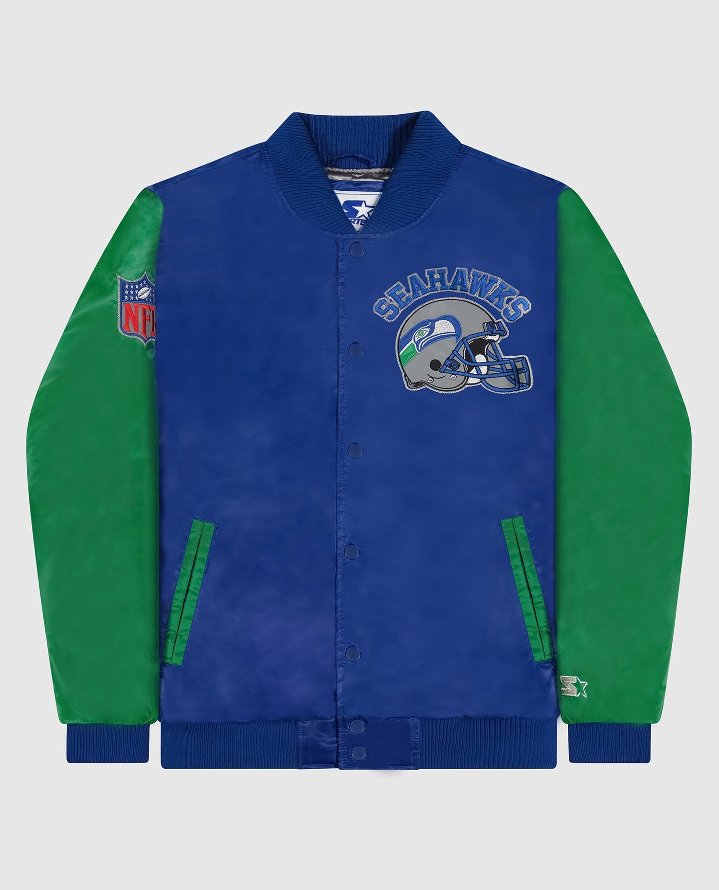 Front View of Starter Blue Seattle Seahawks Varsity Satin Full-Snap Starter Jacket | STR SEATTLE SEAHAWKS BLUE