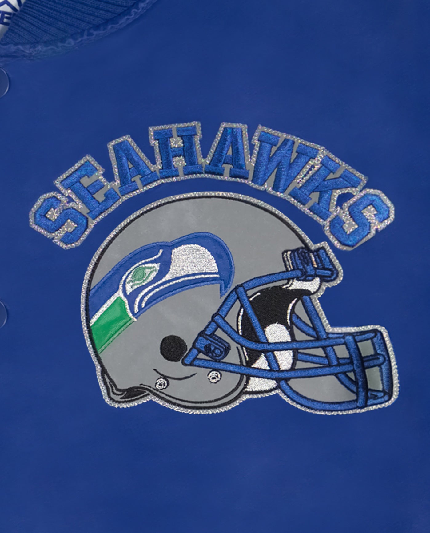 Side View of Starter Blue Seattle Seahawks Varsity Satin Full-Snap Starter Jacket | STR SEATTLE SEAHAWKS BLUE