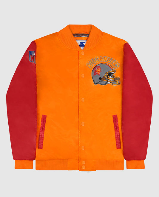 Front View of Starter Orange Tampa Bay Buccaneers Varsity Satin Full-Snap Starter Jacket | STR TAMPA BAY BUCCANEERS ORANGE