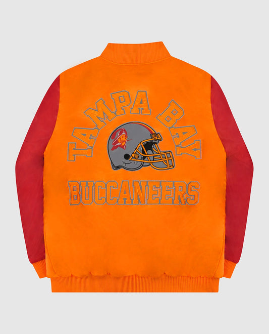 Back View of Starter Orange Tampa Bay Buccaneers Varsity Satin Full-Snap Starter Jacket | STR TAMPA BAY BUCCANEERS ORANGE