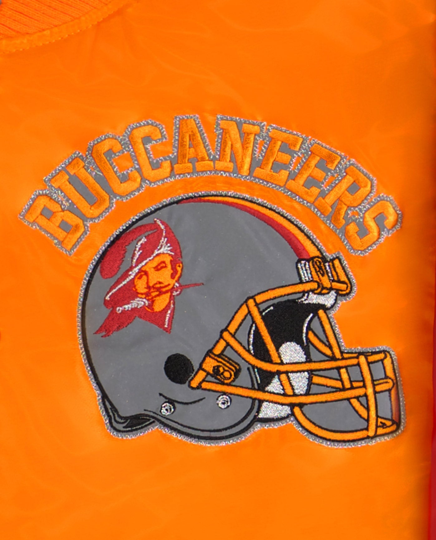 Side View of Starter Orange Tampa Bay Buccaneers Varsity Satin Full-Snap Starter Jacket | STR TAMPA BAY BUCCANEERS ORANGE