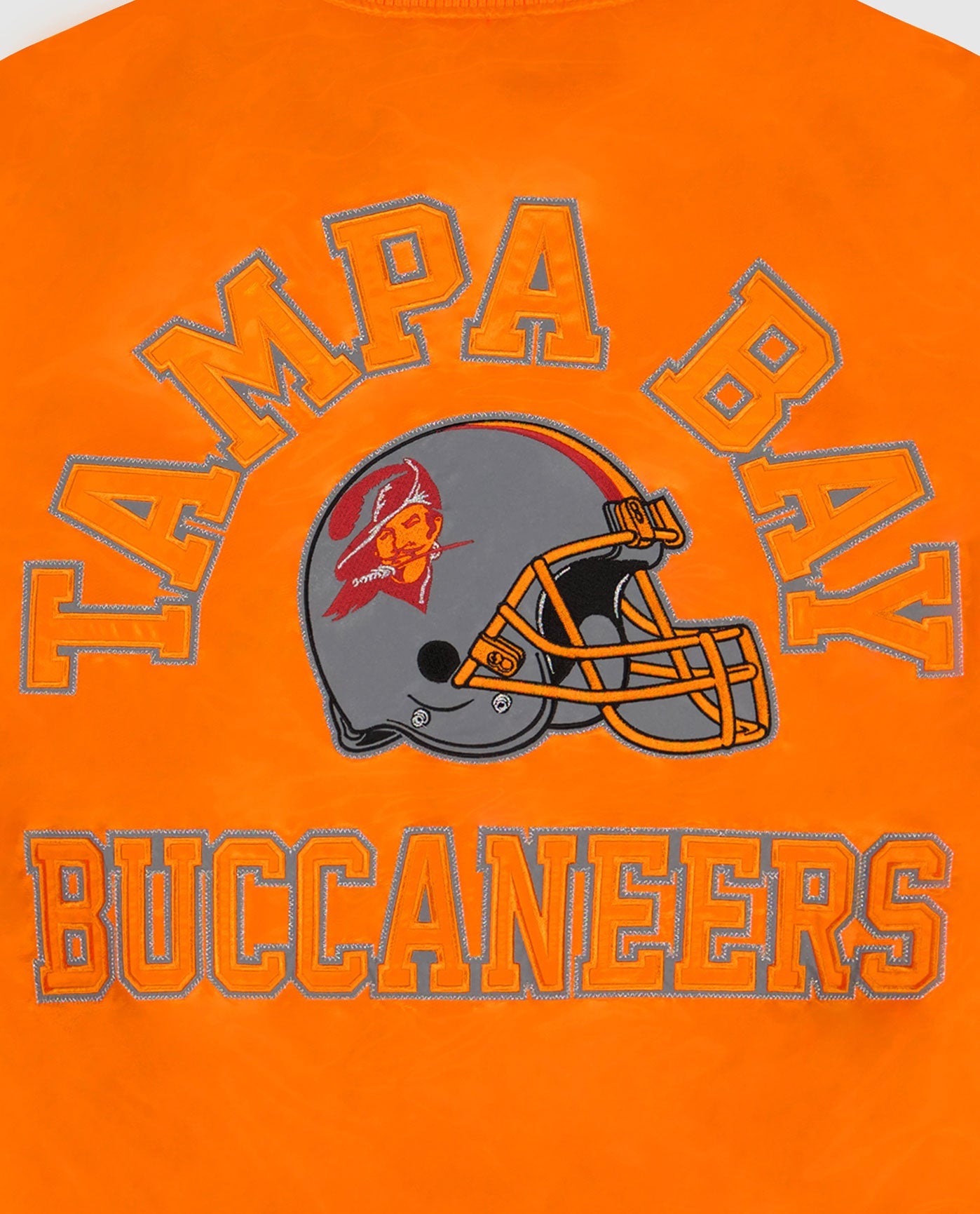 Detail View of Starter Orange Tampa Bay Buccaneers Varsity Satin Full-Snap Starter Jacket | STR TAMPA BAY BUCCANEERS ORANGE