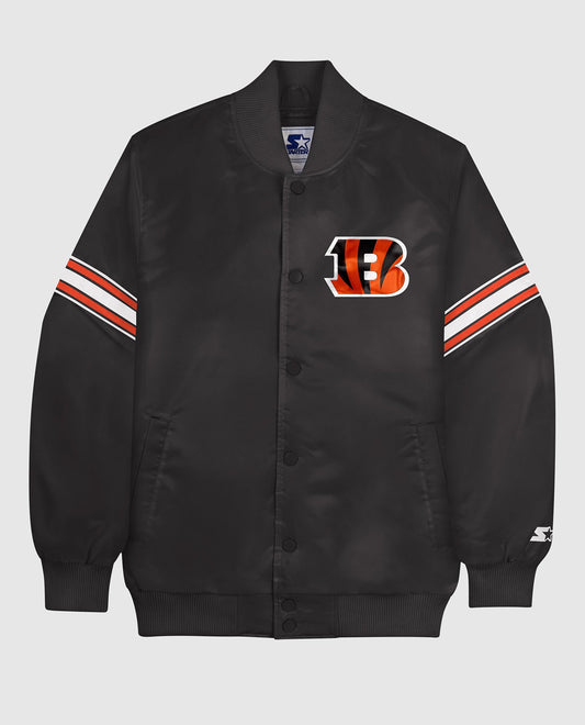 Front View of Starter Black Cincinnati Bengals Satin Full-Snap Starter Jacket | STR CINCINNATI BENGALS BLACK