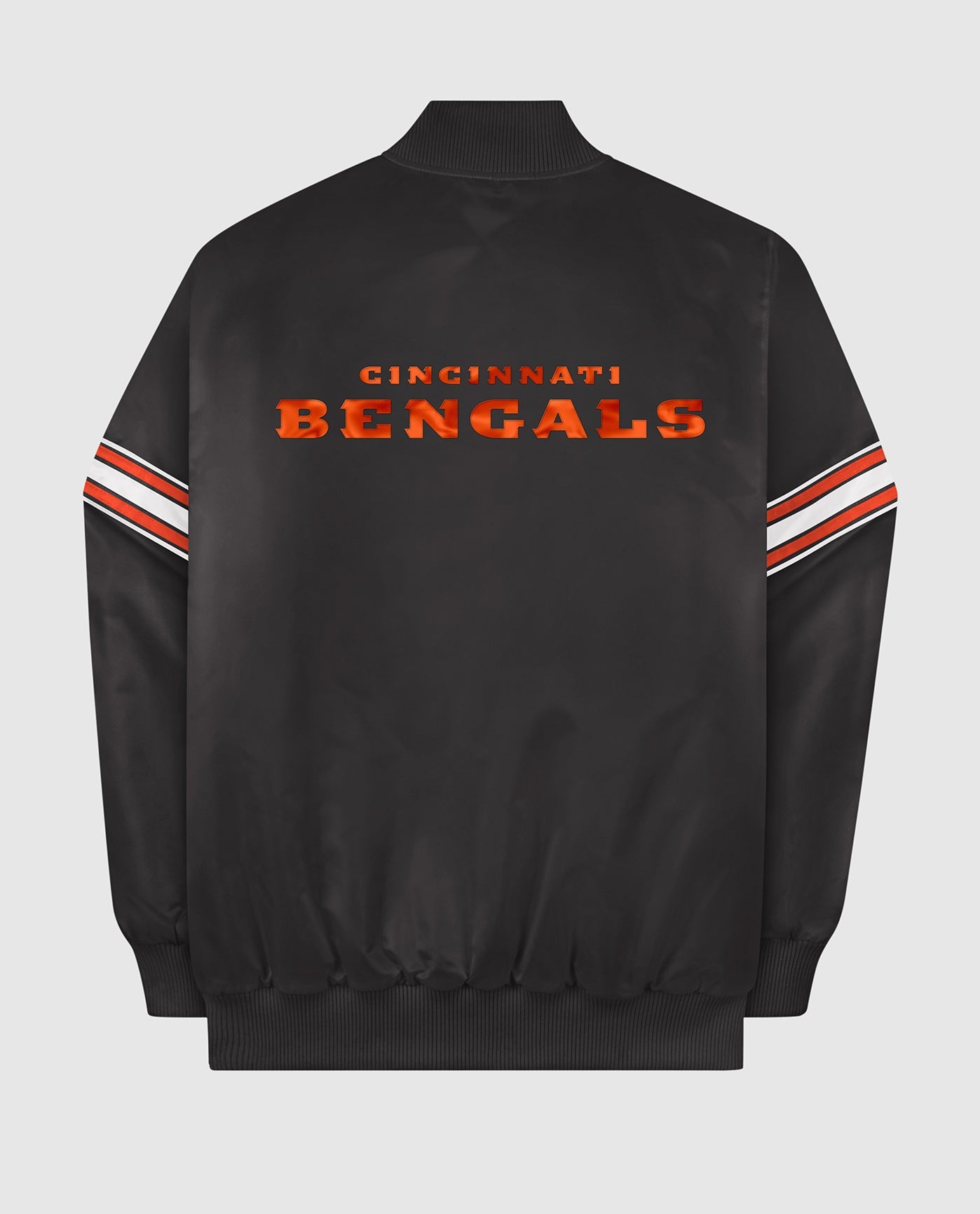 Back View of Starter Black Cincinnati Bengals Satin Full-Snap Starter Jacket | STR CINCINNATI BENGALS BLACK