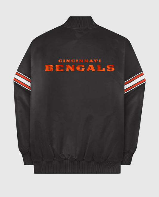 Back View of Starter Black Cincinnati Bengals Satin Full-Snap Starter Jacket | STR CINCINNATI BENGALS BLACK