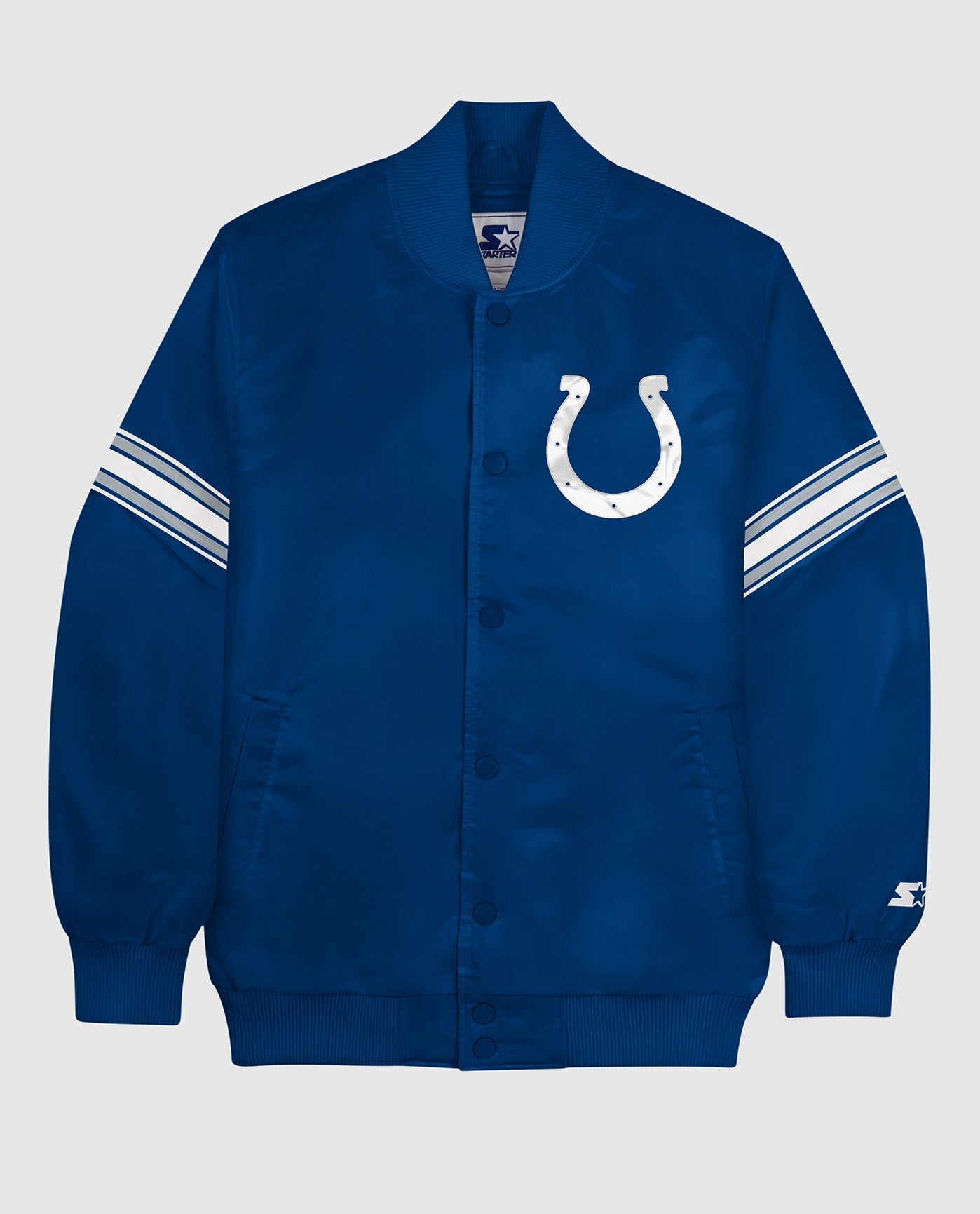 Front View of Starter Blue Indianapolis Colts Satin Full-Snap Starter Jacket | STR INDIANAPOLIS COLTS BLUE