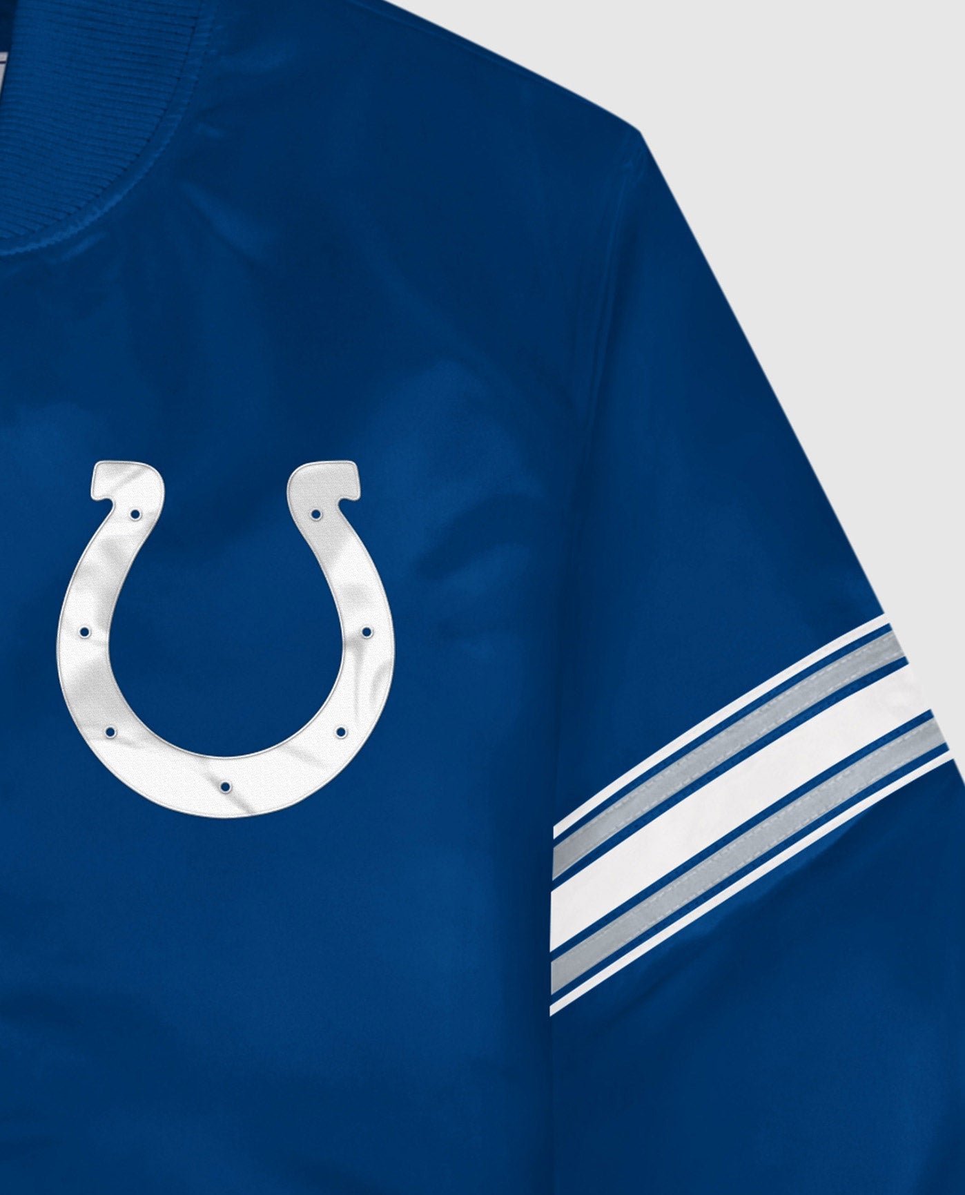 Side View of Starter Blue Indianapolis Colts Satin Full-Snap Starter Jacket | STR INDIANAPOLIS COLTS BLUE