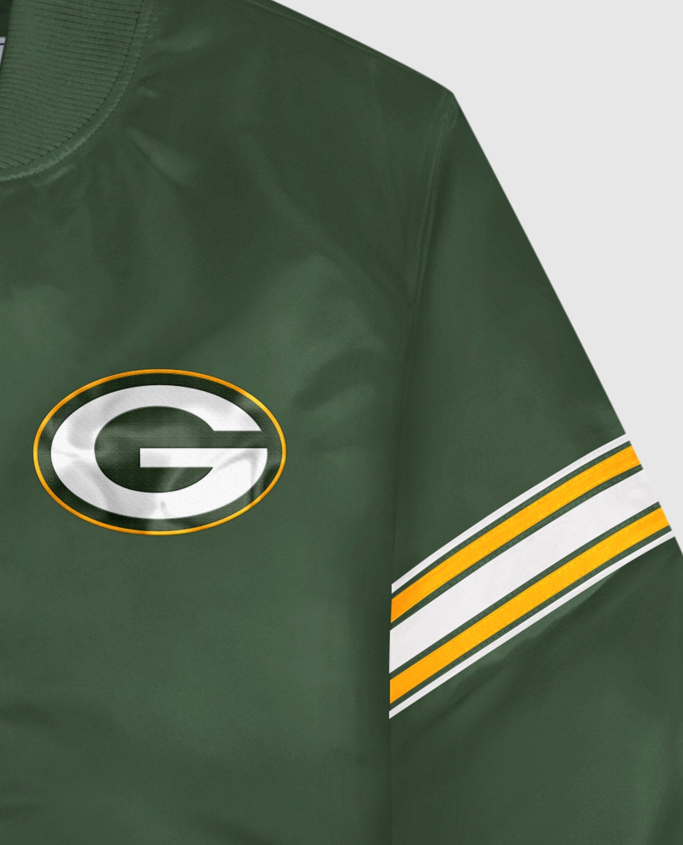 Detail View of Starter Green Green Bay Packers Satin Full-Snap Starter Jacket | STR GREEN BAY PACKERS GREEN