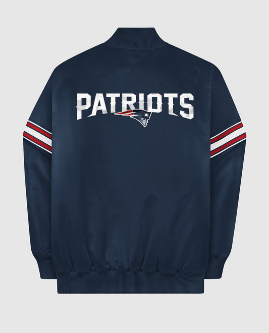 Back View of Starter Navy New England Patriots Satin Full-Snap Starter Jacket | STR NEW ENGLAND PATRIOTS NAVY