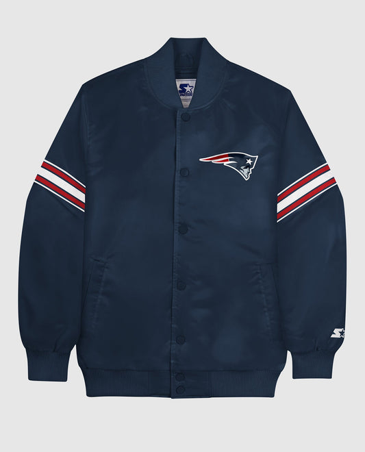 Front View of Starter Navy New England Patriots Satin Full-Snap Starter Jacket | STR NEW ENGLAND PATRIOTS NAVY