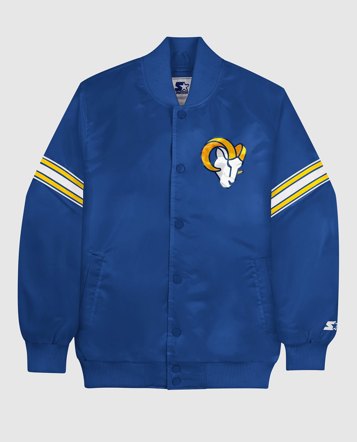 Front View of Starter Blue Los Angeles Rams Satin Full-Snap Starter Jacket | STR LOS ANGELES RAMS BLUE