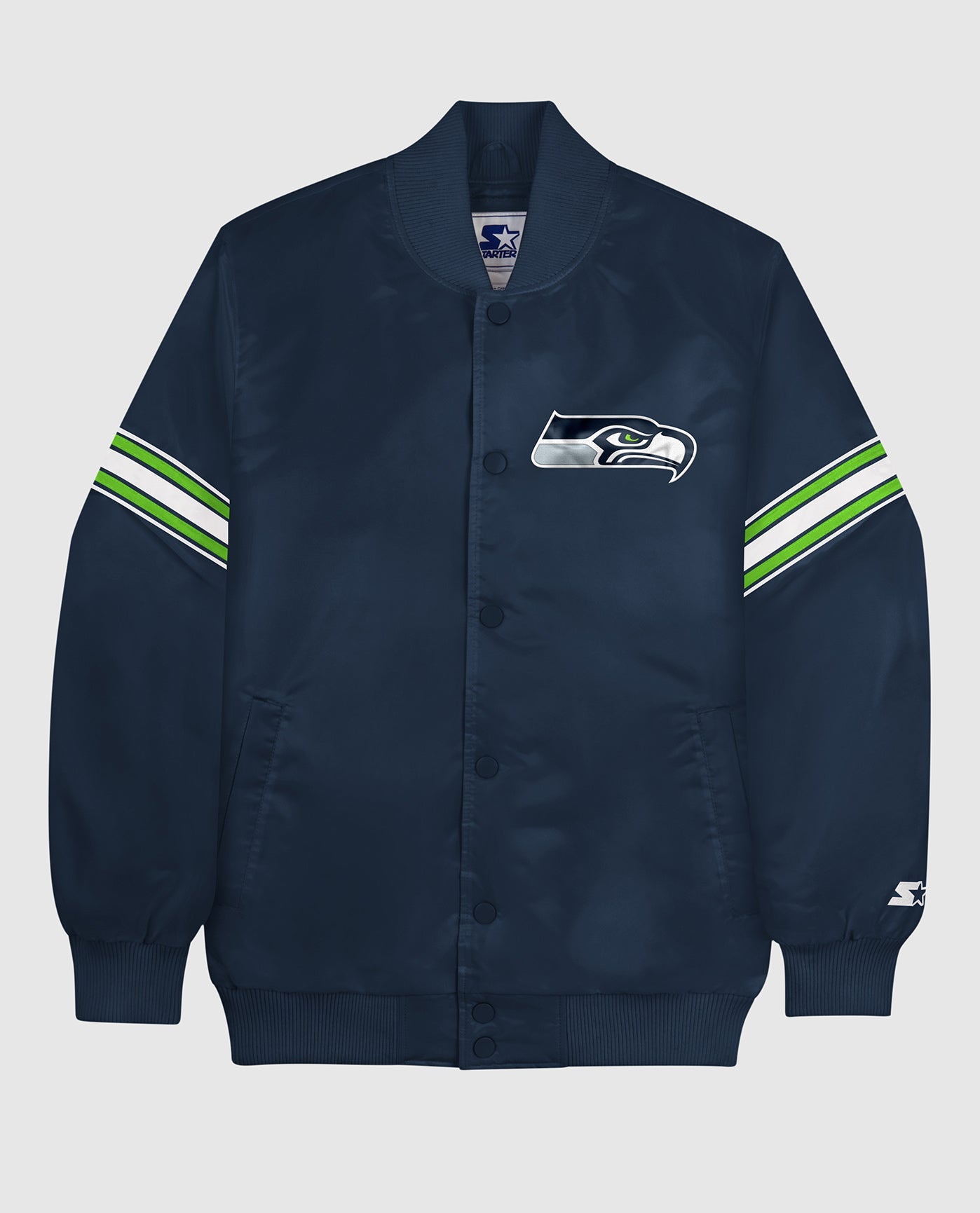 Front View of Starter Navy Seattle Seahawks Satin Full-Snap Starter Jacket | STR SEATTLE SEAHAWKS NAVY