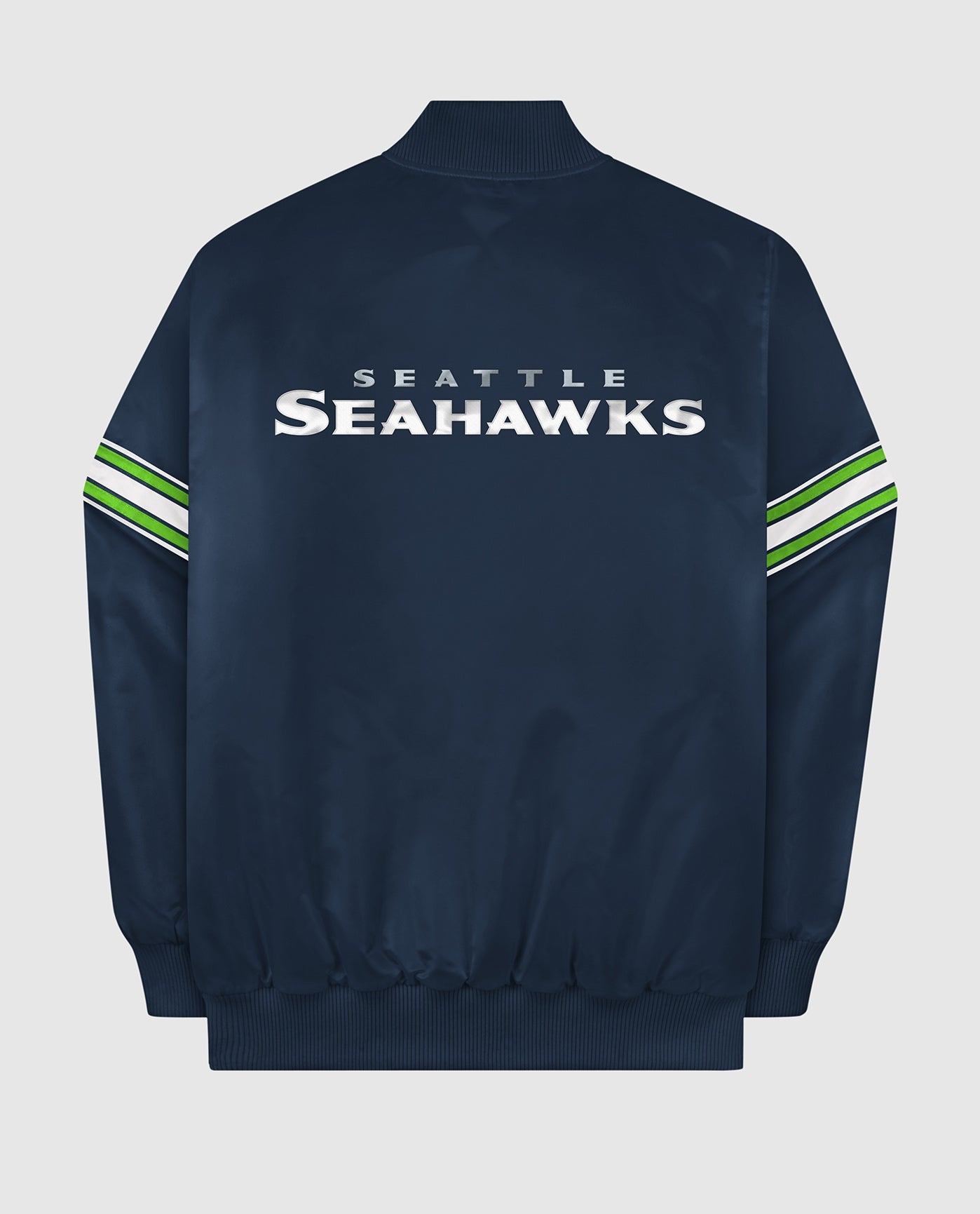 Back View of Starter Navy Seattle Seahawks Satin Full-Snap Starter Jacket | STR SEATTLE SEAHAWKS NAVY